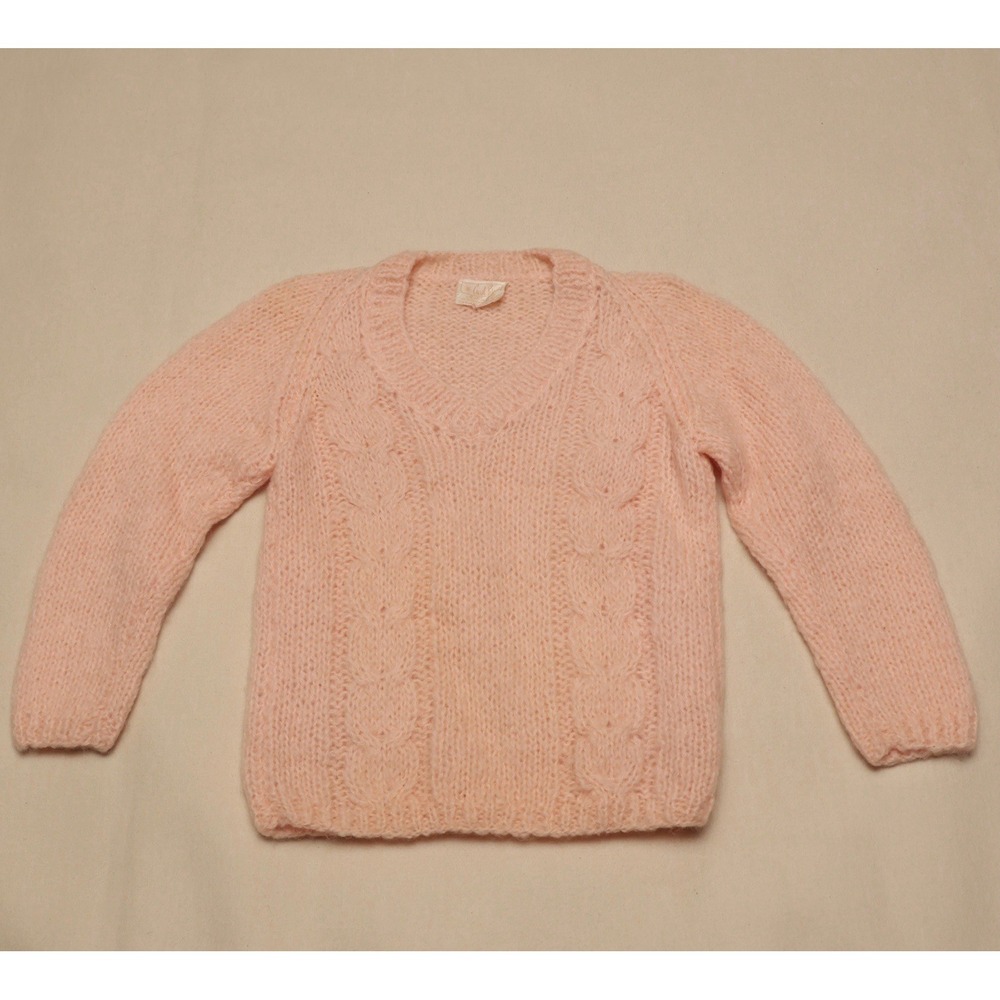 Vintage 60s Carol Brent Mohair Wool Sweater Pink Cable Knit Italy Womens Small